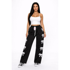 Black Bow WideLeg Pants Stylish Casual Drawstring Trousers